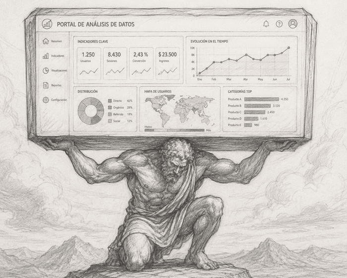 Atlas sosteniendo un panel de análisis de datos